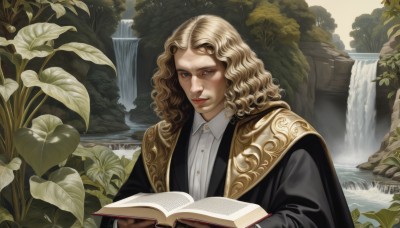 solo,long hair,looking at viewer,smile,blue eyes,blonde hair,shirt,long sleeves,1boy,holding,white shirt,upper body,flower,male focus,outdoors,collared shirt,water,tree,lips,book,leaf,wavy hair,plant,holding book,curly hair,robe,open book,reading,pillar,waterfall,fountain,artist name,watermark,nature,realistic,fantasy