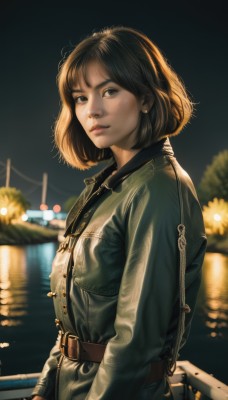 1girl,solo,looking at viewer,short hair,bangs,brown hair,black hair,long sleeves,brown eyes,jewelry,jacket,upper body,earrings,outdoors,parted lips,belt,pants,water,blurry,black eyes,from side,lips,looking to the side,night,depth of field,blurry background,bob cut,denim,buckle,zipper,reflection,jeans,realistic,nose,brown belt,watercraft,leather,boat,denim jacket,shirt,closed mouth,standing,open clothes,artist name,necklace,backlighting,freckles,belt buckle,river,leather jacket