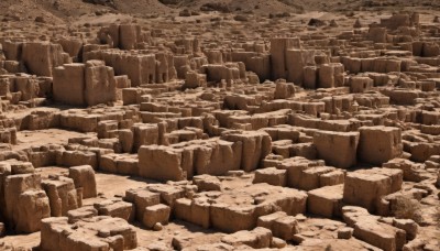 monochrome,outdoors,no humans,traditional media,scenery,rock,sepia,landscape,brown theme,cave,signature,ruins,stone