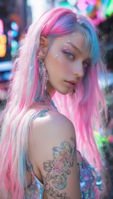 1girl,solo,long hair,breasts,looking at viewer,bangs,bare shoulders,jewelry,green eyes,blue hair,upper body,pink hair,multicolored hair,earrings,parted lips,looking back,blurry,from side,two-tone hair,lips,looking to the side,grey eyes,eyelashes,tattoo,makeup,depth of field,blurry background,piercing,eyeshadow,realistic,nose,eyeliner,arm tattoo,mascara,neck tattoo,artist name,necklace,watermark,ear piercing,web address,bokeh