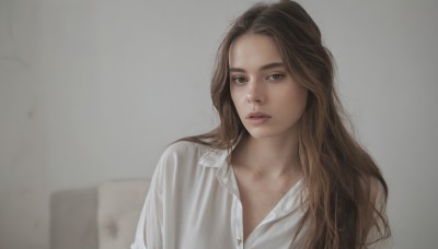 1girl,solo,long hair,looking at viewer,blue eyes,brown hair,shirt,white shirt,upper body,parted lips,collared shirt,grey background,lips,dress shirt,realistic,nose,brown eyes,collarbone,blurry,grey eyes,expressionless,forehead,unbuttoned,partially unbuttoned,unbuttoned shirt