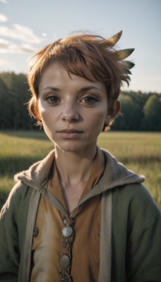 solo,looking at viewer,short hair,brown hair,shirt,1boy,brown eyes,jewelry,closed mouth,jacket,upper body,flower,male focus,outdoors,sky,day,necklace,blurry,lips,fur trim,depth of field,blurry background,feathers,child,freckles,realistic,feather hair ornament,male child,field,1girl,hair ornament,earrings,cloud,nature