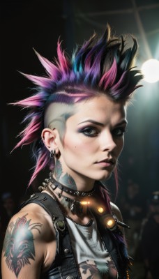 1girl,solo,breasts,looking at viewer,short hair,shirt,bare shoulders,jewelry,closed mouth,green eyes,upper body,pink hair,purple hair,multicolored hair,earrings,sleeveless,solo focus,choker,necklace,mole,blurry,vest,collar,two-tone hair,lips,mole under eye,tattoo,makeup,blurry background,piercing,lipstick,spiked hair,ear piercing,spikes,eyeshadow,freckles,realistic,nose,eyeliner,arm tattoo,shoulder tattoo,undercut,mascara,mohawk,lip piercing,eyebrow piercing,black hair,cleavage,torn clothes