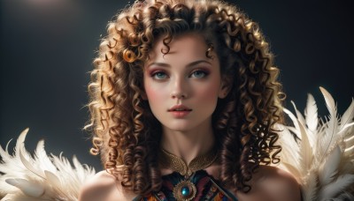 1girl,solo,long hair,looking at viewer,blush,blue eyes,brown hair,hair ornament,bare shoulders,jewelry,upper body,parted lips,artist name,signature,dark skin,dark-skinned female,lips,eyelashes,makeup,watermark,feathers,portrait,web address,freckles,curly hair,realistic,nose,simple background,earrings,teeth,black background,backlighting,feather hair ornament