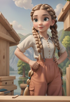 1girl,solo,long hair,breasts,blush,smile,blue eyes,brown hair,shirt,twintails,very long hair,closed mouth,standing,white shirt,braid,short sleeves,cowboy shot,small breasts,outdoors,sky,day,collared shirt,pants,artist name,cloud,water,blurry,twin braids,tree,blue sky,lips,looking to the side,grey eyes,book,dress shirt,buttons,blurry background,looking away,table,light brown hair,thick eyebrows,suspenders,hair over shoulder,forehead,freckles,pocket,hands on hips,mountain,overalls,nose