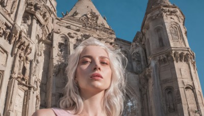 1girl,solo,long hair,looking at viewer,blue eyes,white hair,outdoors,parted lips,sky,day,blue sky,lips,half-closed eyes,from below,building,portrait,scenery,realistic,ruins,statue,arch,blonde hair,architecture