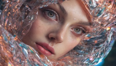 1girl,solo,looking at viewer,brown hair,brown eyes,parted lips,artist name,water,mole,blurry,lips,eyelashes,blurry background,portrait,close-up,freckles,reflection,ice,realistic,nose,short hair