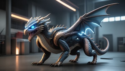 HQ,solo,open mouth,blue eyes,tail,full body,wings,teeth,indoors,blurry,pokemon (creature),no humans,blurry background,glowing,fangs,sharp teeth,building,glowing eyes,claws,monster,city,dragon,scales,dinosaur,kaijuu,standing,tongue