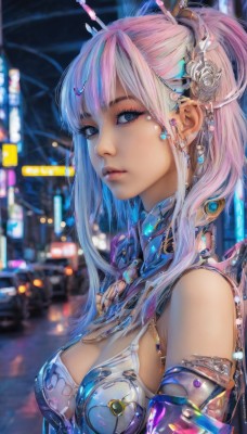 1girl,solo,long hair,breasts,looking at viewer,bangs,blue eyes,hair ornament,cleavage,bare shoulders,jewelry,medium breasts,blue hair,upper body,ponytail,pink hair,multicolored hair,earrings,blurry,two-tone hair,lips,streaked hair,grey eyes,eyelashes,makeup,blurry background,headgear,science fiction,realistic,closed mouth,flower,sidelocks,outdoors,artist name,hair flower,armor,from side,night,depth of field,watermark,expressionless,piercing,gem,armlet,nose,cyberpunk