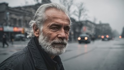 solo,looking at viewer,1boy,closed mouth,jacket,upper body,ponytail,white hair,male focus,outdoors,blurry,tree,black shirt,depth of field,blurry background,facial hair,scar,ground vehicle,building,portrait,motor vehicle,beard,snow,realistic,mustache,car,manly,old,old man,wrinkled skin,shirt,grey hair,solo focus,day,black eyes,coat,grey eyes,scar on face,snowing,road,winter,bare tree,grey sky