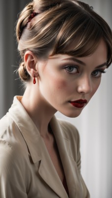 1girl,solo,looking at viewer,short hair,bangs,blue eyes,brown hair,shirt,jewelry,white shirt,upper body,earrings,parted lips,hair bun,blurry,lips,grey eyes,eyelashes,makeup,single hair bun,lipstick,portrait,freckles,realistic,red lips,blonde hair,closed mouth,artist name,signature,nose