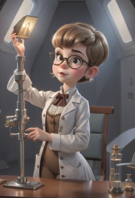 1girl,solo,smile,short hair,bangs,brown hair,shirt,long sleeves,bow,holding,brown eyes,jewelry,sitting,standing,earrings,parted lips,glasses,artist name,indoors,bowtie,vest,lips,coat,makeup,buttons,chair,lipstick,black-framed eyewear,labcoat,white coat,red lips,brown bow,brown vest,brown-framed eyewear,blush,blue eyes,pants,table,freckles