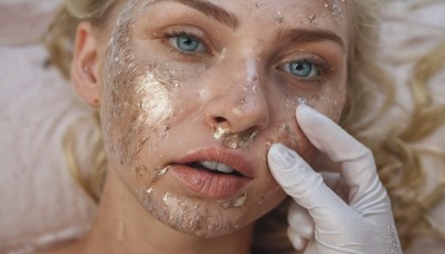 1girl,solo,long hair,looking at viewer,open mouth,blue eyes,blonde hair,gloves,jewelry,earrings,parted lips,teeth,tongue,white gloves,blurry,lips,wet,eyelashes,portrait,close-up,realistic,nose,lying,depth of field