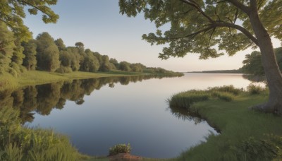 outdoors,sky,day,water,tree,blue sky,no humans,grass,plant,nature,scenery,forest,reflection,bush,river,landscape,lake,signature,horizon,reflective water