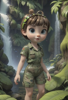 1girl,solo,looking at viewer,short hair,open mouth,bangs,blue eyes,brown hair,shirt,1boy,standing,ahoge,short sleeves,male focus,hairband,outdoors,parted lips,shorts,collared shirt,water,feet out of frame,leaf,thick eyebrows,plant,child,nature,wading,forest,pocket,green shirt,female child,breast pocket,male child,camouflage,green shorts,waterfall,blush,belt,lips,goggles,goggles on head,rock,realistic,moss