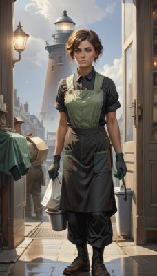 1girl,looking at viewer,short hair,blue eyes,brown hair,shirt,gloves,1boy,holding,brown eyes,standing,full body,short sleeves,boots,outdoors,sky,shoes,solo focus,day,socks,collared shirt,pants,cloud,apron,blue sky,lips,black shirt,brown footwear,black pants,building,reflection,walking,realistic,door,tiles,bucket,tile floor,lamppost,green gloves,solo,parted lips,black gloves,uniform,freckles,city,green shirt