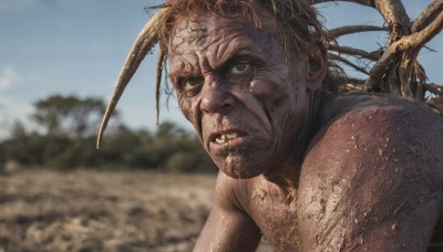 solo,looking at viewer,1boy,brown eyes,upper body,male focus,outdoors,parted lips,sky,teeth,day,blurry,blue sky,blurry background,portrait,realistic,dirty,blonde hair,brown hair,closed mouth,tree,veins