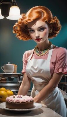 1girl,solo,breasts,looking at viewer,smile,short hair,blue eyes,shirt,dress,jewelry,short sleeves,earrings,food,indoors,necklace,orange hair,apron,cup,lips,eyelashes,makeup,fruit,table,lipstick,white apron,plate,freckles,cake,curly hair,pink shirt,realistic,strawberry,nose,red lips,lamp,teapot,cupcake,pastry,medium breasts,red hair,hair bun,kitchen,kettle