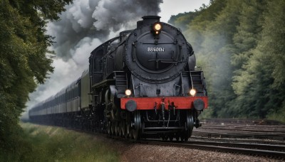 outdoors,multiple boys,sky,day,cloud,tree,military,no humans,cloudy sky,grass,ground vehicle,nature,scenery,motor vehicle,forest,6+boys,military vehicle,tank,vehicle focus,train,caterpillar tracks,world war ii,railroad tracks,glowing,science fiction,train station