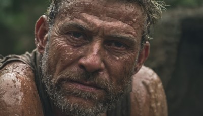 solo,looking at viewer,short hair,1boy,closed mouth,male focus,blurry,black eyes,wet,blurry background,facial hair,portrait,beard,close-up,realistic,mustache,old,dirty,old man,arm hair,dirty face,wrinkled skin,smile,shirt,outdoors,depth of field,tank top,stubble,manly