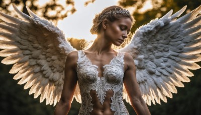 1girl,solo,breasts,short hair,blonde hair,brown hair,navel,cleavage,bare shoulders,medium breasts,collarbone,closed eyes,upper body,wings,dark skin,blurry,dark-skinned female,lips,blurry background,feathered wings,backlighting,angel wings,realistic,white wings,angel,dress,small breasts,tiara