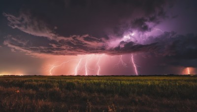 outdoors,sky,cloud,no humans,cloudy sky,grass,fire,scenery,sunset,electricity,field,lightning,landscape,night,horizon,dark