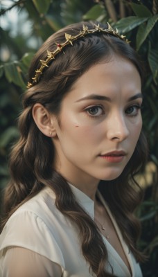 1girl,solo,long hair,breasts,looking at viewer,brown hair,shirt,black hair,cleavage,brown eyes,jewelry,closed mouth,white shirt,upper body,flower,earrings,necklace,blurry,black eyes,lips,depth of field,blurry background,leaf,wavy hair,plant,portrait,freckles,realistic,nose,red lips,green eyes,parted lips,mole,eyelashes,blood