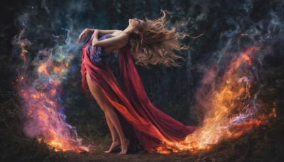 1girl,solo,long hair,breasts,blonde hair,brown hair,dress,cleavage,bare shoulders,medium breasts,standing,full body,closed eyes,barefoot,nail polish,from side,legs,bare legs,strapless,floating hair,red dress,fire,looking up,smoke,magic,profile,strapless dress,dancing