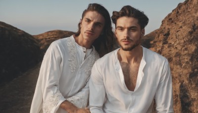 long hair,looking at viewer,smile,brown hair,shirt,black hair,long sleeves,brown eyes,closed mouth,white shirt,upper body,male focus,outdoors,multiple boys,collared shirt,2boys,facial hair,chinese clothes,beard,mountain,realistic,mustache,manly,chest hair,pectoral cleavage,side-by-side,arm hair,day,dark skin,mole,siblings,dark-skinned male