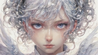 1girl,solo,looking at viewer,short hair,bangs,blue eyes,simple background,hair ornament,white background,closed mouth,white hair,wings,lips,eyelashes,wavy hair,expressionless,portrait,feathered wings,close-up,angel wings,nose,white wings,angel,white theme,shirt,grey hair,grey eyes,floating hair,wind,freckles,realistic,straight-on