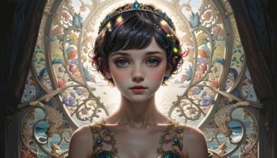 1girl,solo,looking at viewer,blush,short hair,bangs,blue eyes,black hair,hair ornament,bare shoulders,jewelry,closed mouth,collarbone,upper body,flower,earrings,parted lips,artist name,black eyes,lips,eyelashes,makeup,watermark,tiara,crown,gem,portrait,backlighting,freckles,realistic,nose,red lips,mascara,breasts,dress,cleavage,medium breasts,window,curtains,gold,blue gemstone