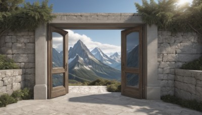 outdoors,sky,day,cloud,tree,blue sky,no humans,window,shadow,sunlight,grass,plant,scenery,mountain,door,road,bush,wall,house,mountainous horizon,stone wall,nature,brick wall