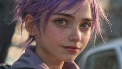 1girl,solo,looking at viewer,smile,short hair,bangs,brown eyes,closed mouth,green eyes,purple hair,blurry,lips,eyelashes,depth of field,blurry background,portrait,close-up,freckles,realistic,nose,pink hair,outdoors,artist name,messy hair,red lips