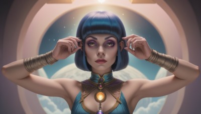 1girl,solo,breasts,looking at viewer,short hair,bangs,dress,bare shoulders,brown eyes,jewelry,closed mouth,blue hair,yellow eyes,upper body,sleeveless,artist name,blunt bangs,armpits,mole,arms up,bracelet,lips,fingernails,hands up,mole under eye,makeup,bob cut,lipstick,gem,eyeshadow,freckles,red lips,eyeliner,space,bracer,planet,necklace,realistic,nose,mascara