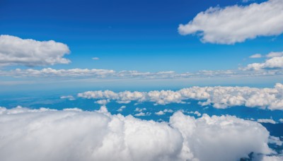 outdoors,sky,day,cloud,water,blue sky,no humans,ocean,cloudy sky,scenery,blue theme,horizon,landscape,above clouds,monochrome,tree,nature