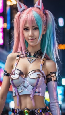 1girl,solo,long hair,breasts,looking at viewer,smile,bangs,gloves,navel,animal ears,cleavage,bare shoulders,twintails,brown eyes,medium breasts,blue hair,upper body,pink hair,multicolored hair,elbow gloves,midriff,belt,blurry,two-tone hair,two side up,lips,aqua hair,makeup,blurry background,fake animal ears,realistic,blue eyes,streaked hair,crop top