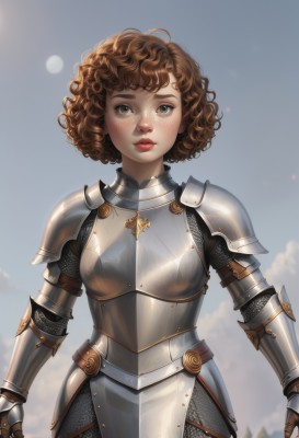 1girl,solo,looking at viewer,short hair,simple background,brown hair,white background,brown eyes,closed mouth,standing,cowboy shot,sky,armor,lips,makeup,lipstick,shoulder armor,gauntlets,freckles,curly hair,pauldrons,breastplate,realistic,arms at sides,red lips,chainmail,plate armor,boobplate,blush,outdoors,blurry,backlighting,nose,sun,knight,full armor