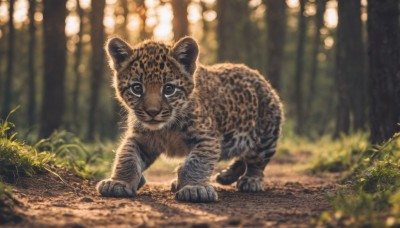 solo,looking at viewer,closed mouth,full body,outdoors,day,signature,blurry,black eyes,tree,no humans,depth of field,blurry background,animal,grass,plant,nature,forest,realistic,animal focus,standing