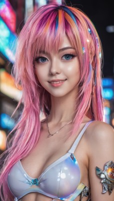 1girl,solo,long hair,breasts,looking at viewer,smile,blue eyes,cleavage,jewelry,medium breasts,collarbone,swimsuit,upper body,pink hair,bikini,multicolored hair,small breasts,parted lips,teeth,necklace,grin,blurry,lips,streaked hair,makeup,blurry background,realistic,nose,bangs,underwear,blue hair,bra,eyelashes,bikini top only