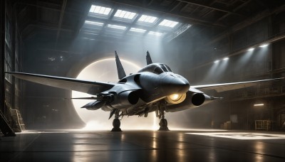 HQ,indoors,signature,military,no humans,window,robot,building,mecha,reflection,flying,science fiction,realistic,aircraft,military vehicle,airplane,vehicle focus,spacecraft,hallway,lights,jet,fighter jet,solo,1boy,sunlight,scenery,pilot