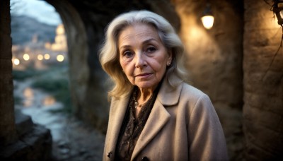 HQ,1girl,solo,looking at viewer,blonde hair,shirt,1boy,jewelry,closed mouth,jacket,upper body,white hair,grey hair,earrings,outdoors,medium hair,necklace,blurry,lips,coat,black shirt,depth of field,blurry background,parody,realistic,old,old woman,wrinkled skin,long hair,smile,blue eyes,makeup,scar,lamppost,old man