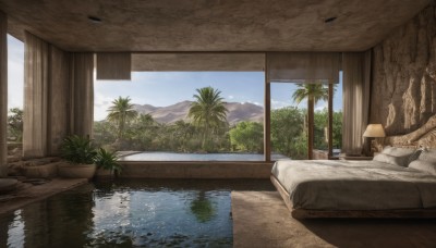 outdoors,sky,day,cloud,indoors,water,tree,blue sky,pillow,no humans,window,bed,plant,curtains,nature,scenery,reflection,mountain,palm tree,potted plant,lamp,bedroom,chair,table,wooden floor,rock,lake,pond