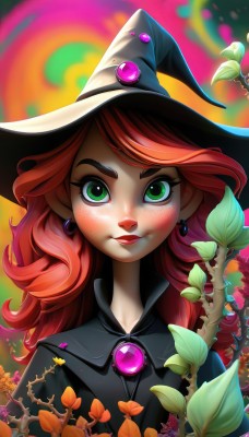 1girl,solo,long hair,looking at viewer,blush,smile,hat,jewelry,closed mouth,green eyes,upper body,red hair,earrings,artist name,lips,eyelashes,black headwear,makeup,witch hat,leaf,watermark,thick eyebrows,plant,lipstick,brooch,gem,web address,freckles,nose,witch,flower