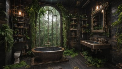 day,indoors,tree,no humans,window,chair,table,sunlight,bottle,plant,nature,scenery,forest,light rays,wooden floor,mirror,door,bookshelf,potted plant,lamp,candle,sunbeam,ruins,vines,stool,shelf,sink,moss,overgrown,lantern,stairs,fantasy,barrel,candlestand,wooden wall,chandelier