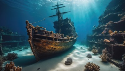 outdoors,water,no humans,ocean,beach,sunlight,scenery,fish,light rays,rock,underwater,sand,watercraft,sunbeam,ruins,shell,ship,boat,coral,day