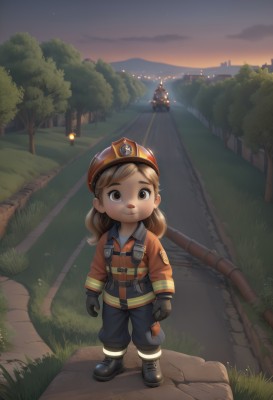 1girl,solo,long hair,looking at viewer,smile,brown hair,gloves,long sleeves,brown eyes,closed mouth,standing,jacket,full body,boots,outdoors,sky,black gloves,pants,cloud,black footwear,tree,night,black pants,helmet,grass,building,child,star (sky),night sky,scenery,sunset,female child,road,lamppost,shoes,shadow,thick eyebrows,red jacket,starry sky,twilight,path