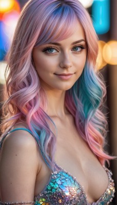 1girl,solo,long hair,breasts,looking at viewer,smile,bangs,blue eyes,large breasts,cleavage,bare shoulders,medium breasts,closed mouth,underwear,blue hair,collarbone,upper body,pink hair,multicolored hair,artist name,bra,mole,blurry,two-tone hair,lips,eyelashes,gradient hair,makeup,depth of field,blurry background,swept bangs,watermark,wavy hair,strap slip,freckles,realistic,nose,swimsuit,purple hair,bikini,light smile,web address,mole on breast,bokeh,mascara