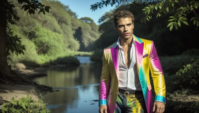 HQ,solo,looking at viewer,brown hair,shirt,long sleeves,1boy,brown eyes,standing,jacket,white shirt,male focus,cowboy shot,outdoors,open clothes,day,collared shirt,belt,pants,water,tree,dress shirt,facial hair,leaf,nature,multicolored clothes,forest,reflection,realistic,dark skin,vest,dark-skinned male,animification,lake