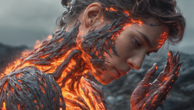 solo, black hair, 1boy, closed mouth, male focus, hand up, blurry, from side, blurry background, fire, realistic, burning, molten rock