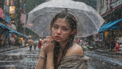 1girl,solo,long hair,looking at viewer,blue eyes,black hair,holding,bare shoulders,jewelry,upper body,outdoors,solo focus,off shoulder,blurry,bracelet,lips,wet,grey eyes,depth of field,blurry background,umbrella,ring,own hands together,ground vehicle,motor vehicle,rain,holding umbrella,city,realistic,car,road,wet hair,transparent,street,transparent umbrella,brown hair,shirt,parted lips,signature,nail polish,fingernails,hands up,makeup,night,water drop,off-shoulder shirt,red lips,crowd,crosswalk